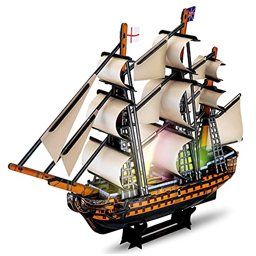 HUOQB LED The HMS Victory Ship 3D Puzzles Vintage Modern Style Sailing Ship Model Kits,DIY Assemble Toy,Model Kit Desk Decor Sailboat Vesselfor Adults and Kids 163 Pieces (HMS Victory Ship)