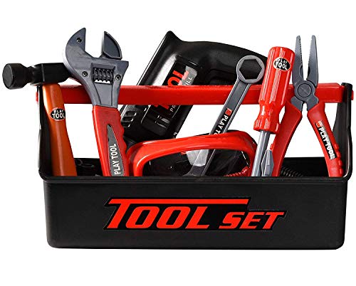 Playkidz Tool Box for Kids 22-Piece Boys & Girls Construction Toy Playset w/ Carry Chest, Working Push Button Power Drill, Hammer, Screwdriver, Wrench, Pliers, Saw & Other Realistic Tools Ages 3+