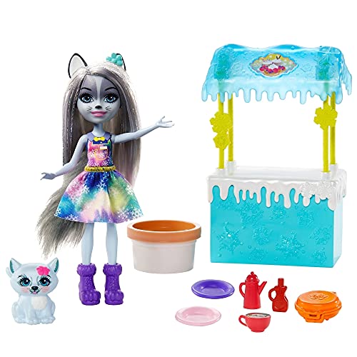 Enchantimals Warmin Up Cocoa Stand with Hawna Husky Small Doll (6-in) & Whipped Animal Figure, Make Waffles with Clay-Dough Play, Makes a Great Gift for 3-8 Year Olds
