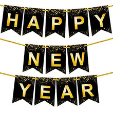 Load image into Gallery viewer, Happy New Year Banner with Black Foil Fringe - Pack of 2, Xtra Large | Large, Happy New Year Sign for New Years Eve Party Supplies 2023 | New Years Eve Backdrop Happy New Year Decorations 2023
