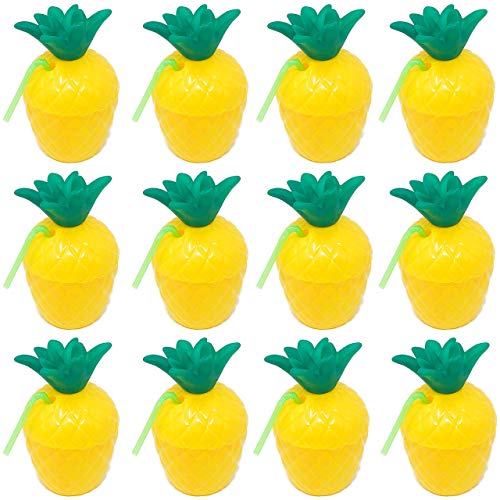 12 Pack Hawaiian Tropical Luau Party Plastic Pineapple Cup with Straw