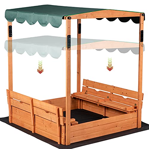 Wooden Outdoor Kids Sandbox Convertible Canopy Covered Sand Box Bench Seat Storage