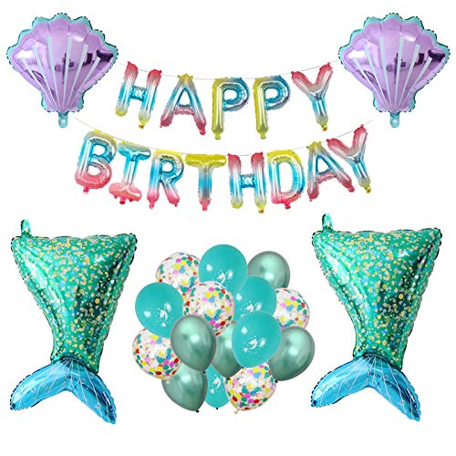 Happy Birthday Decoration Balloons, Seashell Dolphin Mermaid Tail Helium Balloons,Reusable Latex Balloon,for Birthday Party Decoration Gift,Blue Mermaid + Purple Shells