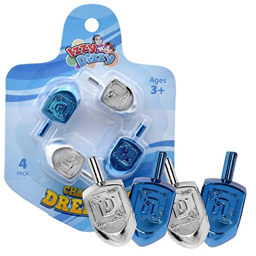 Izzy 'n' Dizzy Hanukkah Dreidels - Metallic Blue and Silver Dreidel - 4 Pack Medium