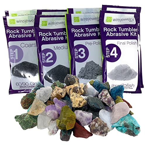 WireJewelry Madagascar Rock Tumbler Refill Kit - 3 Lbs. of Madagascar Stone Mix and 2 Batches of 4 Step Abrasive Grit and Polish