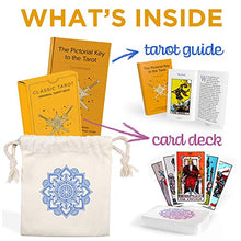 Load image into Gallery viewer, Sagesight Classic Tarot Cards Deck with Guidebook &amp; Premium Linen Carry Bag - Original Pamela Colman Smith Artwork - Tarot Cards for Beginners and Experts (Light)
