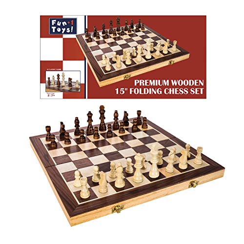 Fun+1 Toys! Classic Wooden Chess Set - Wooden Chess Board and Staunton Style Wood Pieces - Board Game Set for Adults and Kids - 15 x 15 Inches