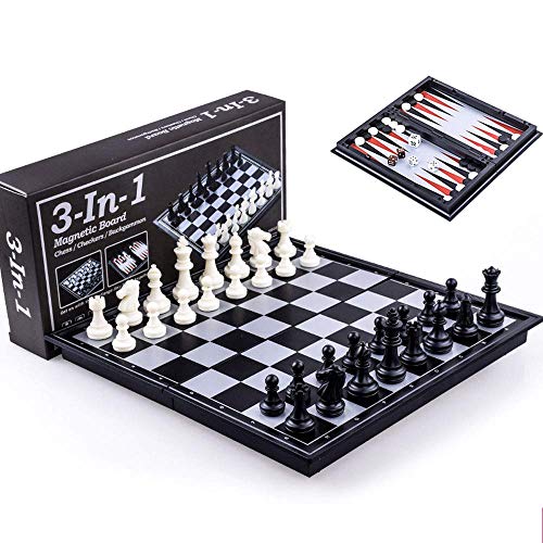 3 in 1 Travel Chess Set for Kids and Adults, Chess Checkers Backgammon Set with Folding Portable Chess Board and Storage Bags, 9.8 x 9.8, Gift for Boys Girls