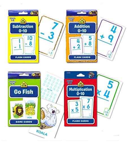 School Zone Flash Cards Math Set Kids -- 4 Packs (Addition, Subtraction, Multiplication, Go Fish, Stickers)