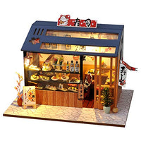 SYW Miniature Dollhouse with Furniture and LED Lights, Japanese Model Kit Wooden Dollhouse, 1:24 Scale Wooden Handmade Building Model Puzzle Toy(Sushi Shop)