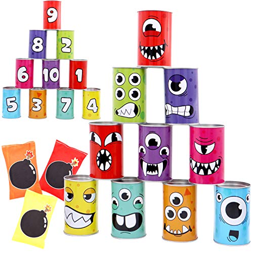 JOYIN 13 Pcs Carnival Bean Bag Toss, Knockdown Can Game Set, Holiday & Birthday Party Games, Outdoor Lawn Yard Activity for Kids Party Favors, Easter Egg Hunt for Classroom Gifts (Monster Style)
