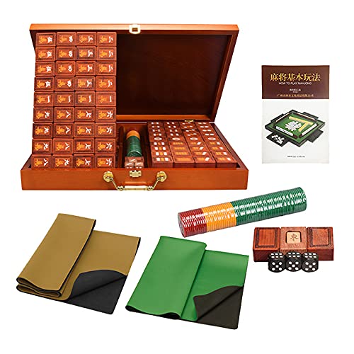 Chinese Mahjong Set, 144 Mah Jong Wooden Game in Wooden Box, 1 Wind Indicator with Dice, 3 Wooden Dice, 2 Blank Spares,1 Set of Chips, 1 Table Cover and 1 Game Manual (for Chinese Style Game Play)