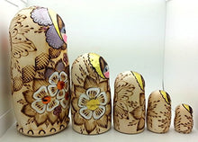 Load image into Gallery viewer, Russian Nesting Doll with Flowers Traditional Wood Burned Hand Carved Hand Painted 5 Piece Doll Set / 7&quot; Tall
