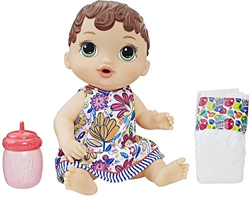 Baby Alive Lil' Sips Baby Brown Hair Doll That Drinks & Wets, with Diaper & Bottle, for Kids Ages 3 Years Old & Up