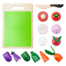Load image into Gallery viewer, Wood Eats! Veggie Slicers Playset | Features Real Cutting Sounds | Includes Eggplant, Tomato, Onion, Radish, Carrot, Zucchini Wooden Vegetables and Safe Knife | Teaches Fractions and Fine Motor Skills
