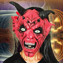 Load image into Gallery viewer, JQWGYGEFQD Halloween Long Hair Red Face Horn Mask Horror Devil Scary Head Red Face Black Mask Halloween Party Rubber Latex Animal mask, Novel Ha
