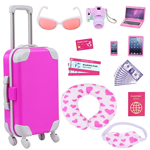 ZITA ELEMENT 22 Pcs 18 Inch Girl Doll Suitcase Set for 18 Inch Dolls Accessories Travel Carrier Including Luggage Pillow Blindfold Sunglasses Camera Computer Cell Phone Ipad and Other Stuff