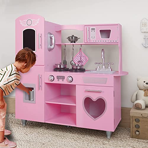 TaoHFE Large Wooden Play Kitchen with Lights & Sounds, Pink Pretend Toy Kitchen for Toddlers, Kids Kitchen 8 Accessories Set for Girls Boys, Gift for Age 3+, 33.38 x 11.61 x 34.96 Inch