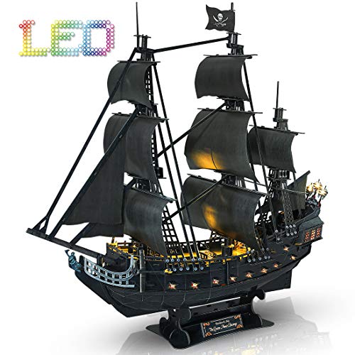 CubicFun 3D Puzzle Led Pirate Ship Queen Anne's Revenge Large 27 Model Kit Desk Decor Sailboat Vessel Hard Puzzles for Adults 340 Pieces Gifts for Men Women Kids Birthday Gifts for Him Her