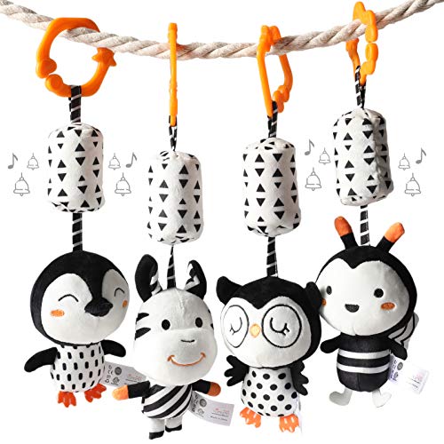 TUMAMA Black and White Baby Toys for 3 6 9 12 Months,Plush Hanging Rattles,Newborn Stroller Toys for Boys and Girls,4 Pack