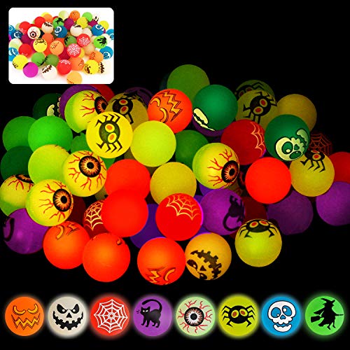 72 Glow in The Dark Bouncing Balls,8 Halloween Theme Designs for Halloween Party Favor Supplies, School Classroom Game Rewards, Trick or Treating Goodie, Halloween Miniatures/Prizes(with pouch bag)