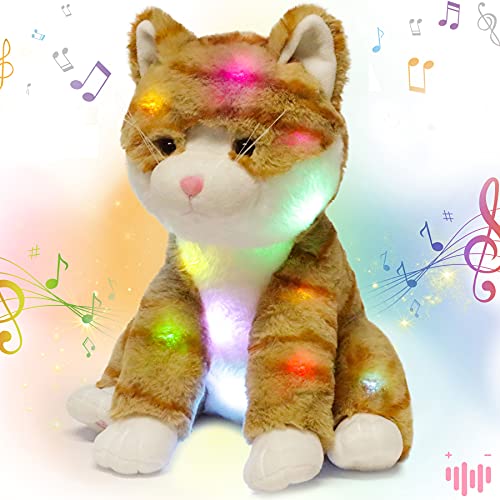 Hopearl LED Musical Stuffed Kitty Light up Singing Plush Cat Adjustable Volume Lullaby Animated Soothe Birthday Festival for Kids Toddler Girls, Orange, 12.5''
