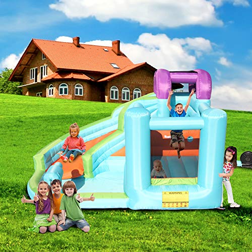 Inflatable Water Slide Pool Bounce House,Bounce House Inflatable Jumping Castle Kids Splash Pool Water Slide Jumper Castle for Summer Party (Blue,Without Air Blower)