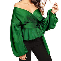 WYTong Off Shoulder Tie Waist Wrap Tops For Women Fashion Long Sleeve Strapless V-Neck Belt Bandage Shirt(Green,L)
