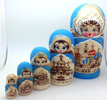 Load image into Gallery viewer, BuyRussianGifts Russian Church in Blue Wood Burned Hand Carved Hand Painted Nesting 5 Piece Doll Set / 7&quot; Tall
