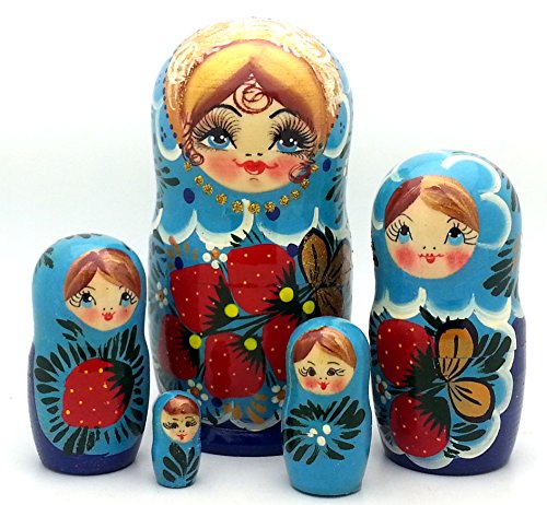 BuyRussianGifts Blue Doll with Strawberries Russian Nesting Stacking Matryoshka Hand Painted Nesting Doll Set of 5 Traditional 6.5