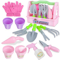 13 Pieces Kids Gardening Tool Set for Girls, Exercise N Play Pink Toddlers Garden Yard Toys with Pot, Scissors, Watering Can, Gloves, Shovel, Rake, Trowel Portable Carry Basket