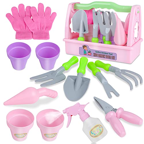 13 Pieces Kids Gardening Tool Set for Girls, Exercise N Play Pink Toddlers Garden Yard Toys with Pot, Scissors, Watering Can, Gloves, Shovel, Rake, Trowel Portable Carry Basket