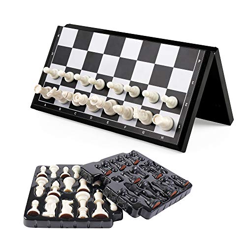 KIDAMI Magnetic Folding Travel Chess Set 11.211.2 Inches, Lightweight & Portable with Inner Slots for Pieces Storage (Including Crowns for Changing Pawn to Queen)