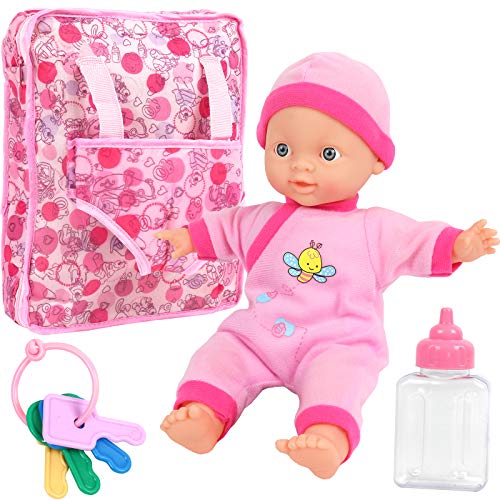 Click N' Play Baby Girl Doll 12 with Take Along Pink Doll Backpack Carrier and Accessories