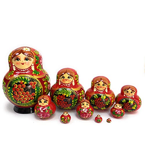Russian Nesting Dolls Red Ashberry 10 Pieces Author's Hand-Painted Set of 10 Handmade Toys Gift Doll Home Decor Matryoshka 10 Dolls in 1