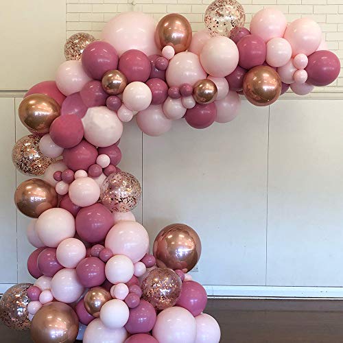 Soonlyn Pink Balloons Garland 135 Pcs 18 In 12 In 5 In, Dusy Rose Gold Metallic Confetti Latex Balloons Arch Kit for Baby Shower Decorations for Girl Birthday Party, Bridal Shower, Wedding