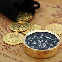 Load image into Gallery viewer, Mythrojan Pirate Set : Treasure Map, Brass Functional Compass, and 5 Brass Coins with Black Trinket Suede Leather Bag
