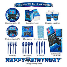 Load image into Gallery viewer, DECORLIFE Video Game Party Supplies Serves 24, Complete Gamer Party Supplies Includes Tablecloth, Popcorn Boxes, Blue, Total 200pcs for Boys Birthday

