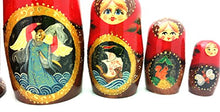 Load image into Gallery viewer, Tsar Saltan Fairy Tale by Pushkin Russian Nesting Doll Hand Carved Hand Painted 5 Piece Set 7&quot; Tall
