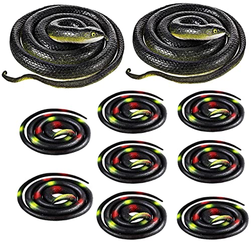 AULY 10PCS Large Realistic Rubber Snakes,Fake Snake Black Mamba Snake Toys for Garden Props to Scare Birds,Squirrels, Mice, Prank Stuff,Halloween Decorations(2P- 52 Inch, 8P-31.5 Inch)