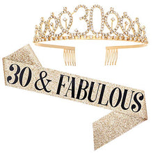 Load image into Gallery viewer, &quot;30 and Fabulous&quot; Sash &amp; Rhinestone Tiara Set - 30th Birthday Gifts Birthday Sash for Women Birthday Party Supplies (Gold Glitter with Black Lettering)
