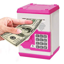 Load image into Gallery viewer, Renvdsa Cartoon Electronic ATM Password Piggy Bank Cash Coin Can Auto Scroll Paper Money Saving Box Gift for Kids (White Pink)
