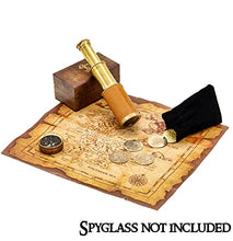 Load image into Gallery viewer, Mythrojan Pirate Set : Treasure Map, Brass Functional Compass, and 5 Brass Coins with Black Trinket Suede Leather Bag
