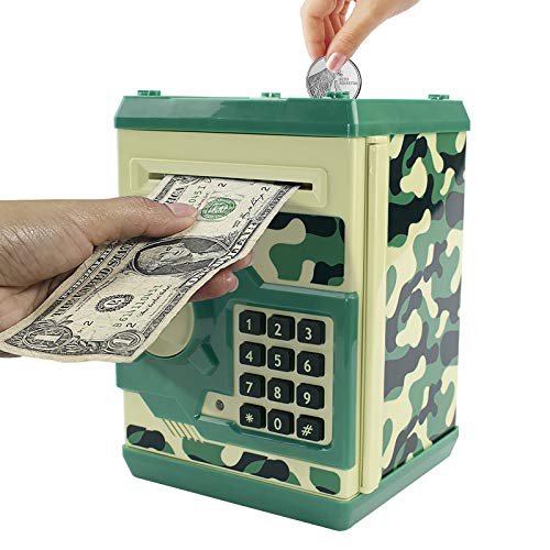 Brekya Mini ATM Piggy Bank Security Machine Best Gift for Kids,Electronic Code Piggy Bank Money Counter Safe Box Coin Bank for Boys Girls Password Lock (Camouflage Green)