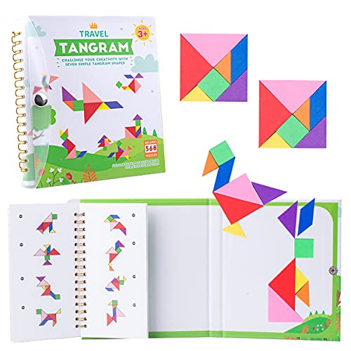 Vanmor Travel Tangram Puzzle with 2 Set Magnetic Plate- Montessori Shape Pattern Blocks Jigsaw Road Trip Games with 368 Solution - IQ Book Educational Toy Brain Teaser Gift for Kids Adults Challenge