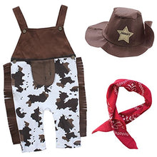 Load image into Gallery viewer, Venjoe Baby Boys&#39; Cowboy Suspenders Jumpsuit Overalls with Hat Handkerchief Outfits Halloween Toddlers Cosplay Costumes Brown 6-12 Months
