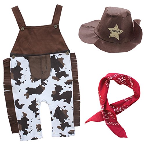 Venjoe Baby Boys' Cowboy Suspenders Jumpsuit Overalls with Hat Handkerchief Outfits Halloween Toddlers Cosplay Costumes Brown 6-12 Months