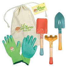Load image into Gallery viewer, MindWare Garden Tool Set for Kids - Kit Includes Hand Trowel, Scoop Shovel, Hand rake, Gloves and Storage Bag
