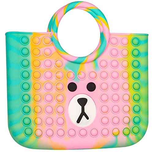 CONNOO Large Pop Bubble Handbags for Ladies, Cute Tote Bags Stress Relief for Girls Women, Big Bear Face Bags, Push Bubble Game Fidget Toys Purse for ADHD Anxiety Stress Relief (Tie-dye Bear)