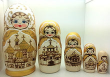 Load image into Gallery viewer, Church Nesting Dolls Wood Burned Hand Carved Hand Painted 5 Piece Doll Set 7&quot; Tall in Gold Color
